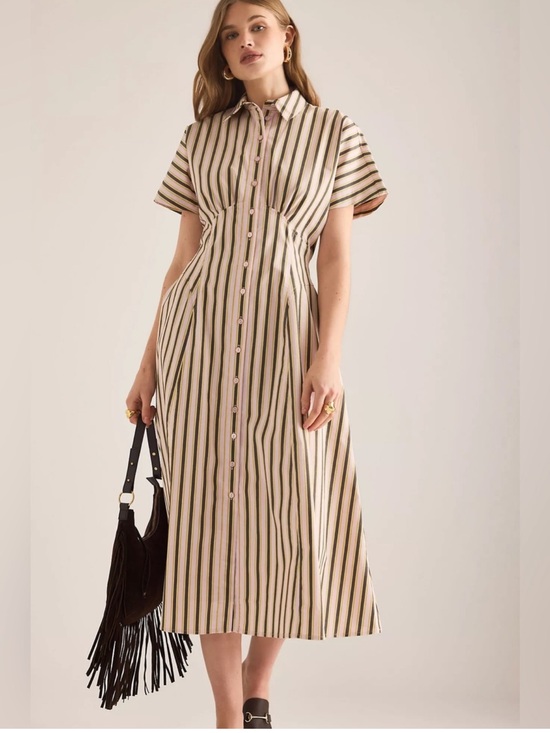 Anthropologie Dresses & Skirts - Anthropologie Cream Midi Shirt Dress with Green and Black Stripes